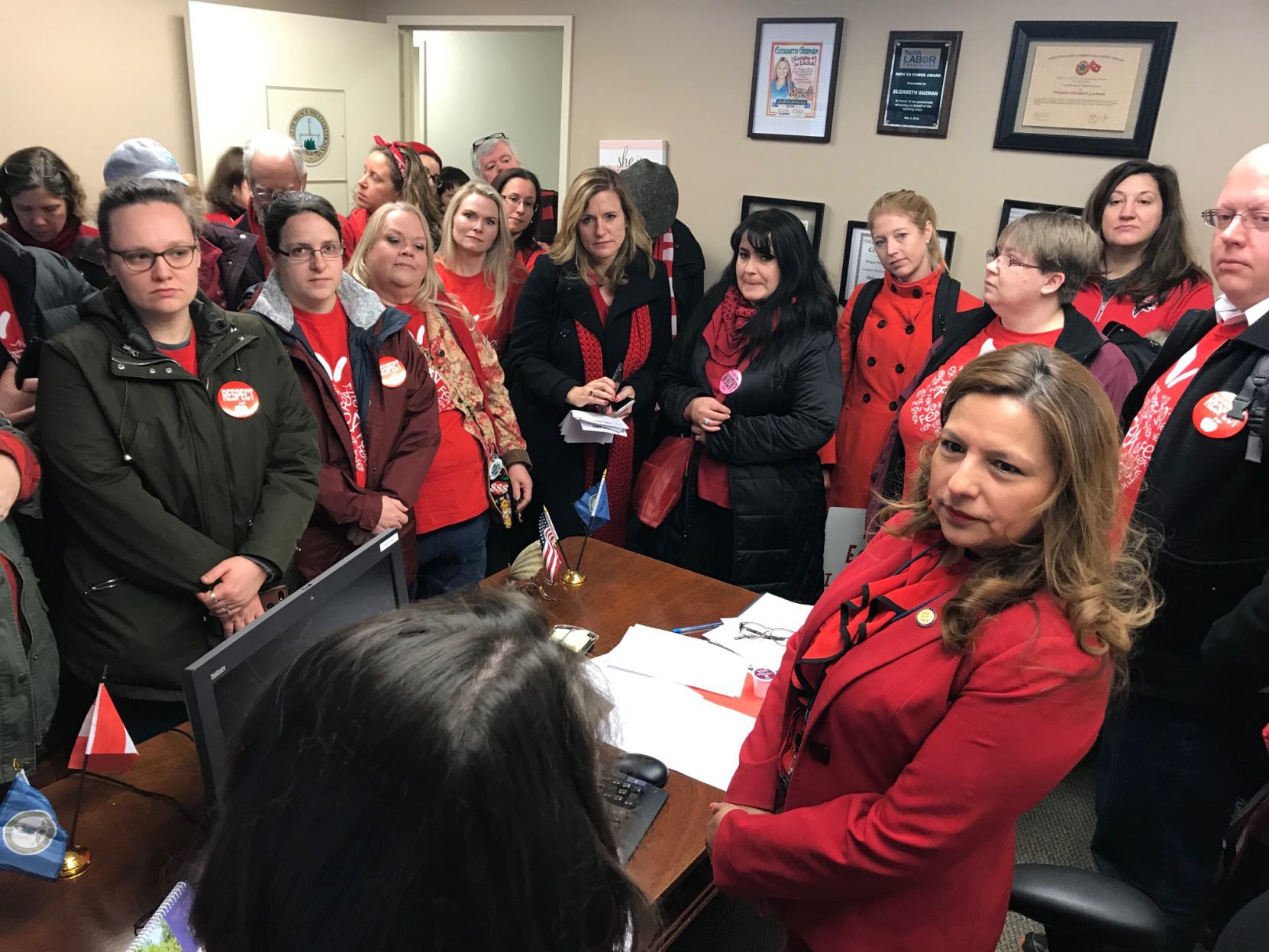 Teachers meet with Del. Elizabeth Guzman, D-31st, on Jan. 28, 2019